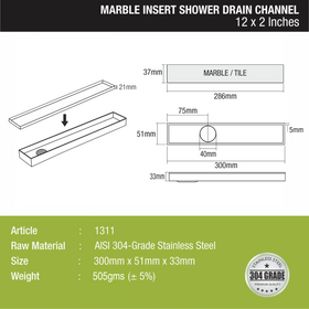 Marble Insert Shower Drain Channel (12 x 2 Inches) - LIPKA - Lipka Home