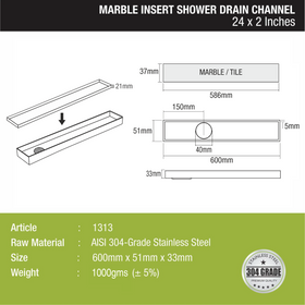 Marble Insert Shower Drain Channel (24 x 2 Inches) - LIPKA - Lipka Home