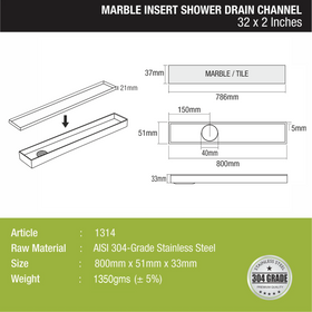 Marble Insert Shower Drain Channel (32 x 2 Inches) - LIPKA - Lipka Home