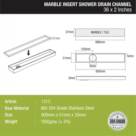 Marble Insert Shower Drain Channel (36 x 2 Inches) - LIPKA - Lipka Home