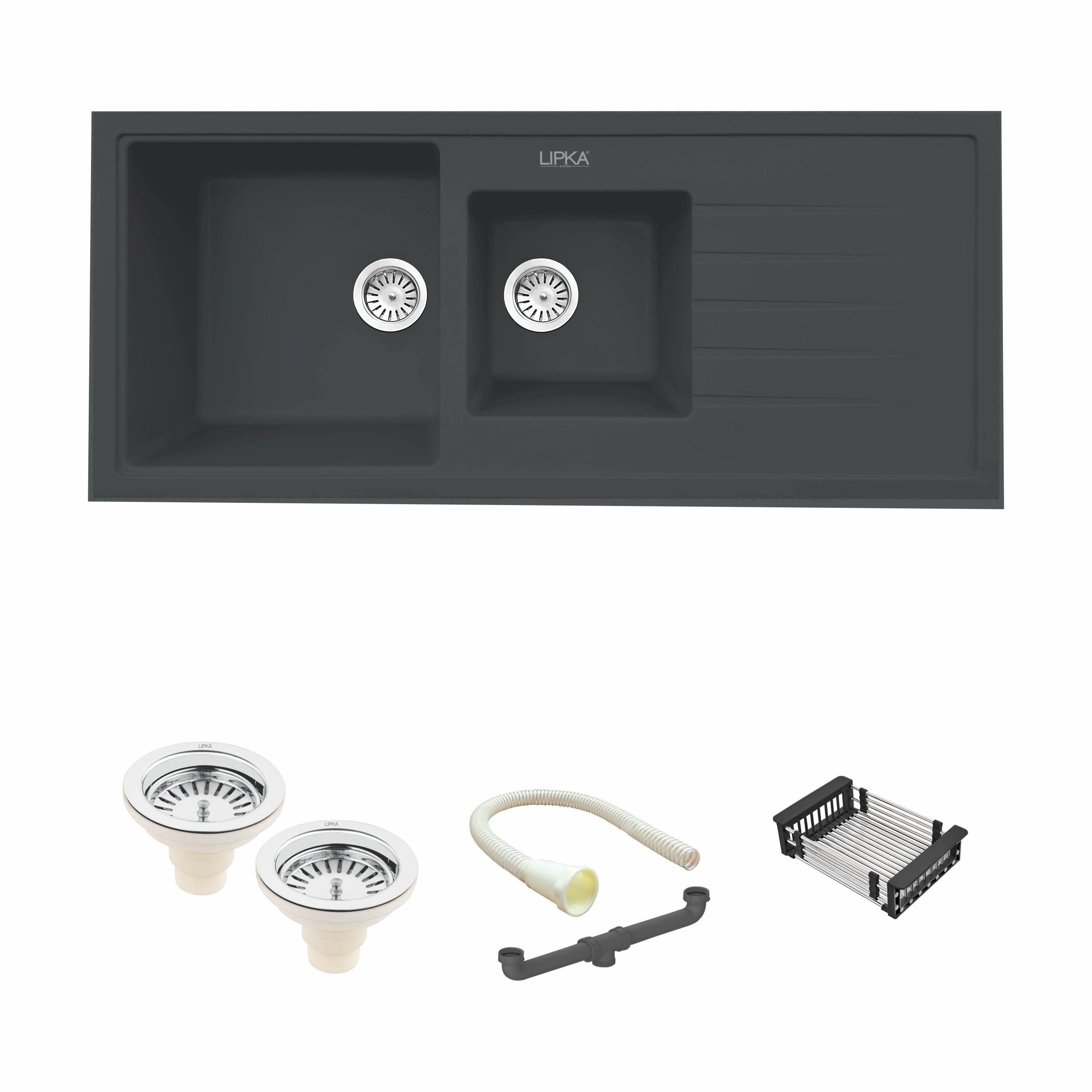 Black Quartz Double Bowl with Drainboard Kitchen Sink (45 x 20 x 9 Inches) - LIPKA - Lipka Home