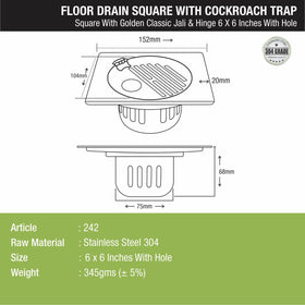 Golden Classic Jali Square Floor Drain (6 x 6 Inches) with Hinge, Hole and Cockroach Trap - LIPKA - Lipka Home