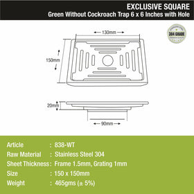 Green Exclusive Square Floor Drain (6 x 6 Inches) with Hole - LIPKA - Lipka Home