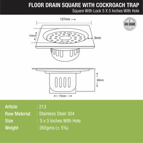 Square Floor Drain (5 x 5 Inches) with Lock, Hole and Cockroach Trap - LIPKA - Lipka Home