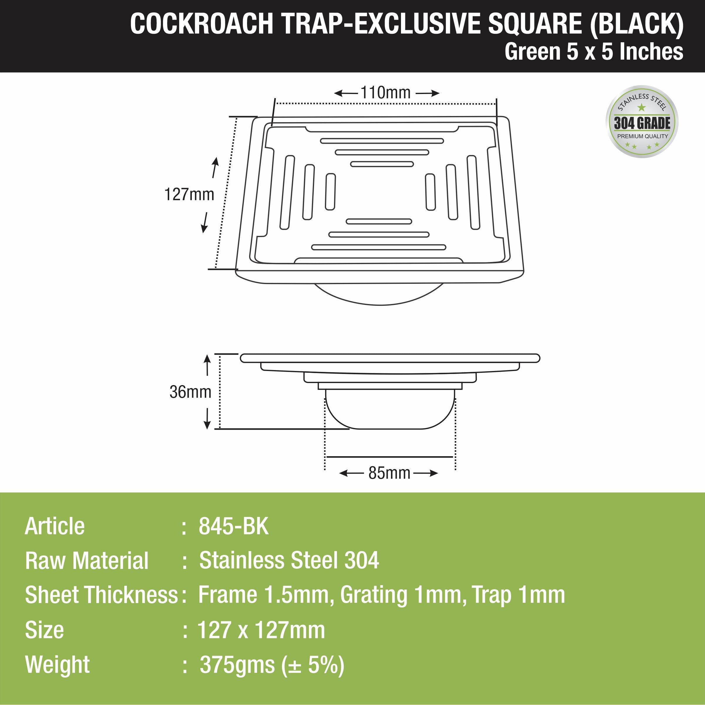 Green Exclusive Square Floor Drain in Black PVD Coating (5 x 5 Inches) with Cockroach Trap size and measurement