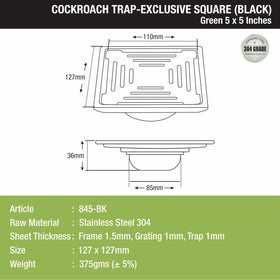Green Exclusive Square Floor Drain in Black PVD Coating (5 x 5 Inches) with Cockroach Trap - LIPKA - Lipka Home