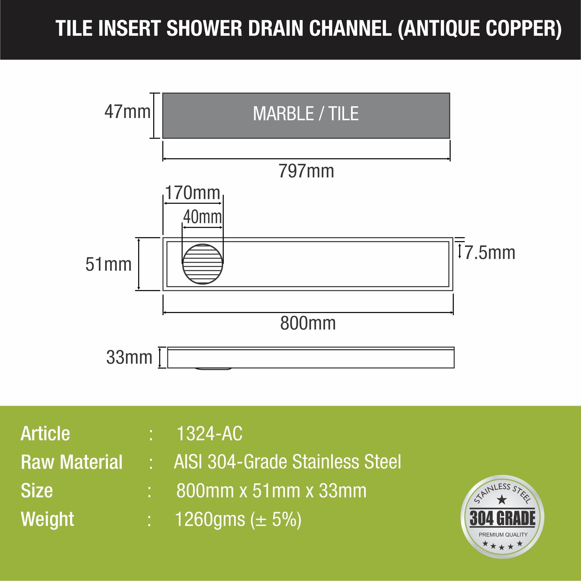 Tile Insert Shower Drain Channel - Antique Copper (32 x 2 Inches) sizes and dimensions