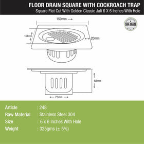 Golden Classic Jali Square Flat Cut Floor Drain (6 X 6 Inches) With Hole And Cockroach Trap - LIPKA - Lipka Home