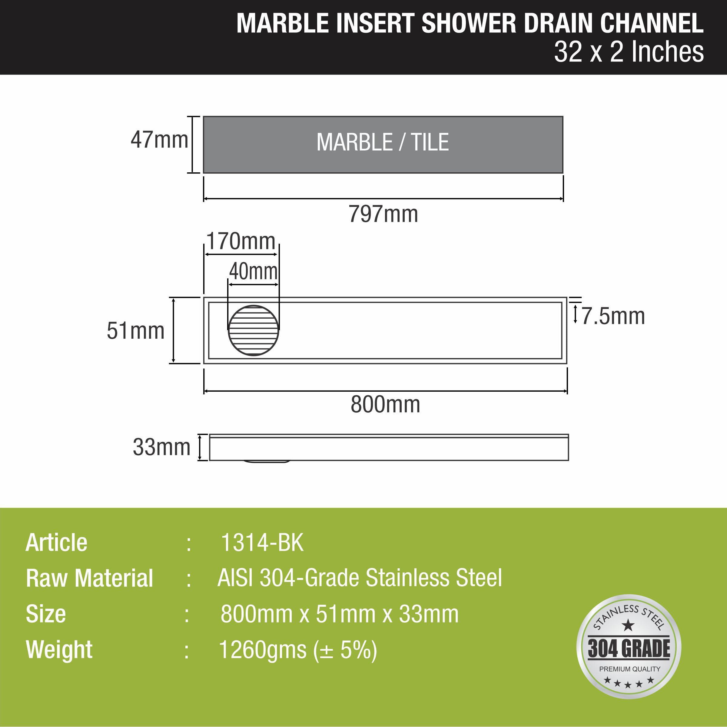 Marble Insert Shower Drain Channel - Black (32 x 2 Inches) size and measurement