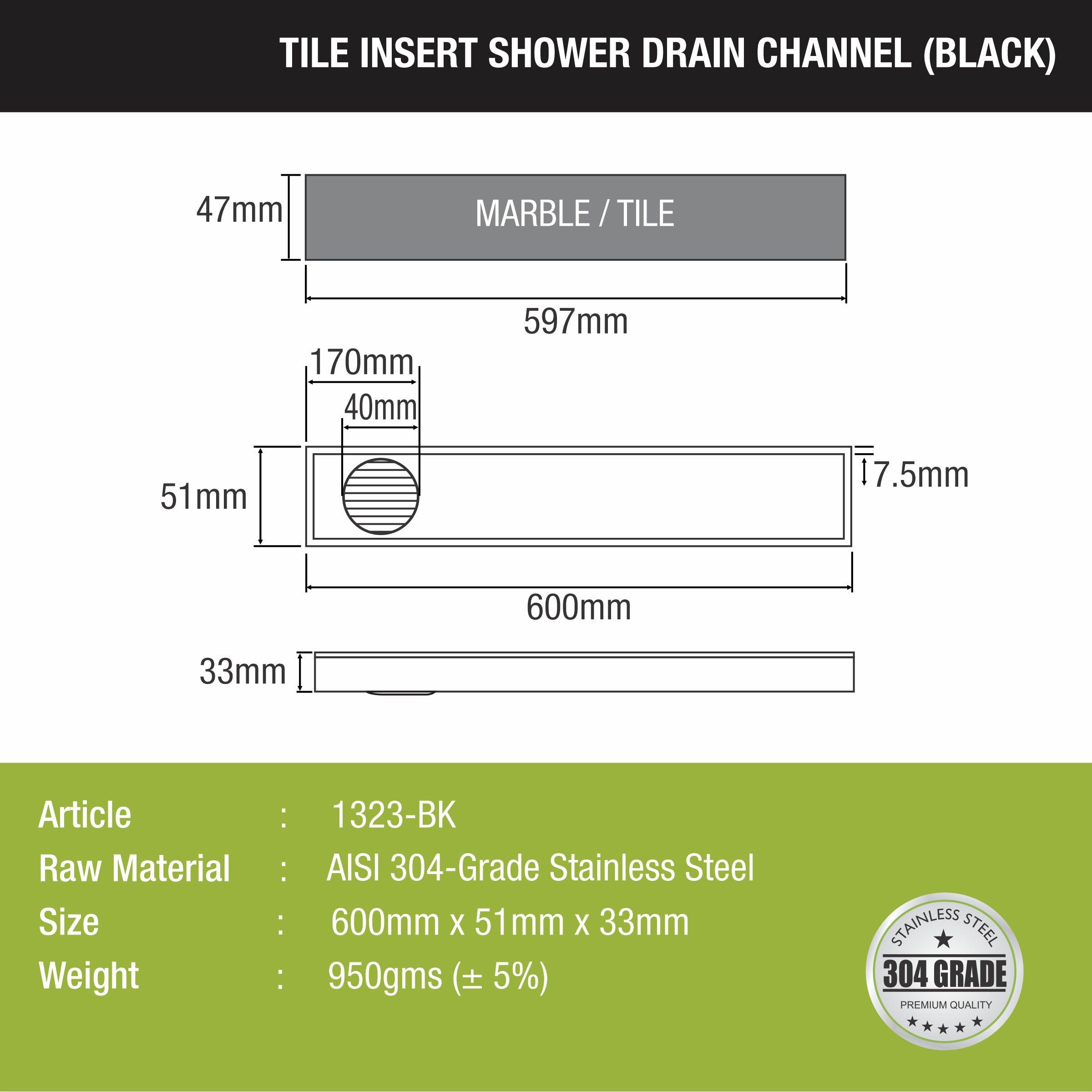 Tile Insert Shower Drain Channel - Black (24 x 2 Inches) size and measurement
