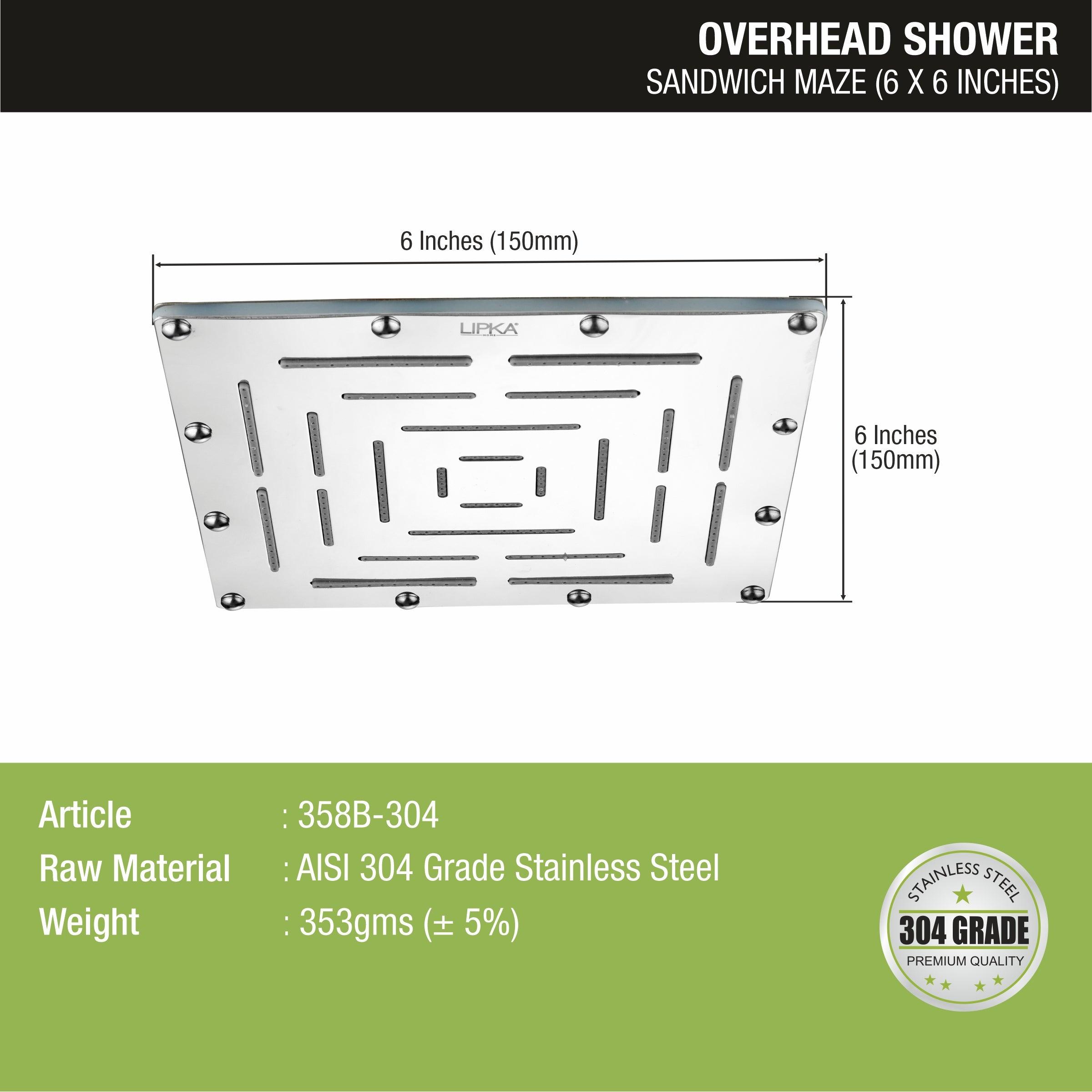 Sandwich Maze 304-Grade Overhead Rain Shower (6 x 6 Inches) sizes and dimensions