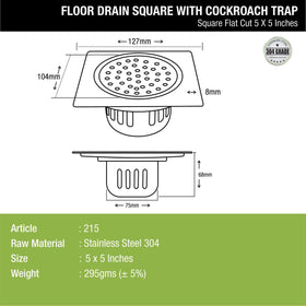 Square Flat Cut Floor Drain (5 x 5 Inches) with Cockroach Trap - LIPKA - Lipka Home