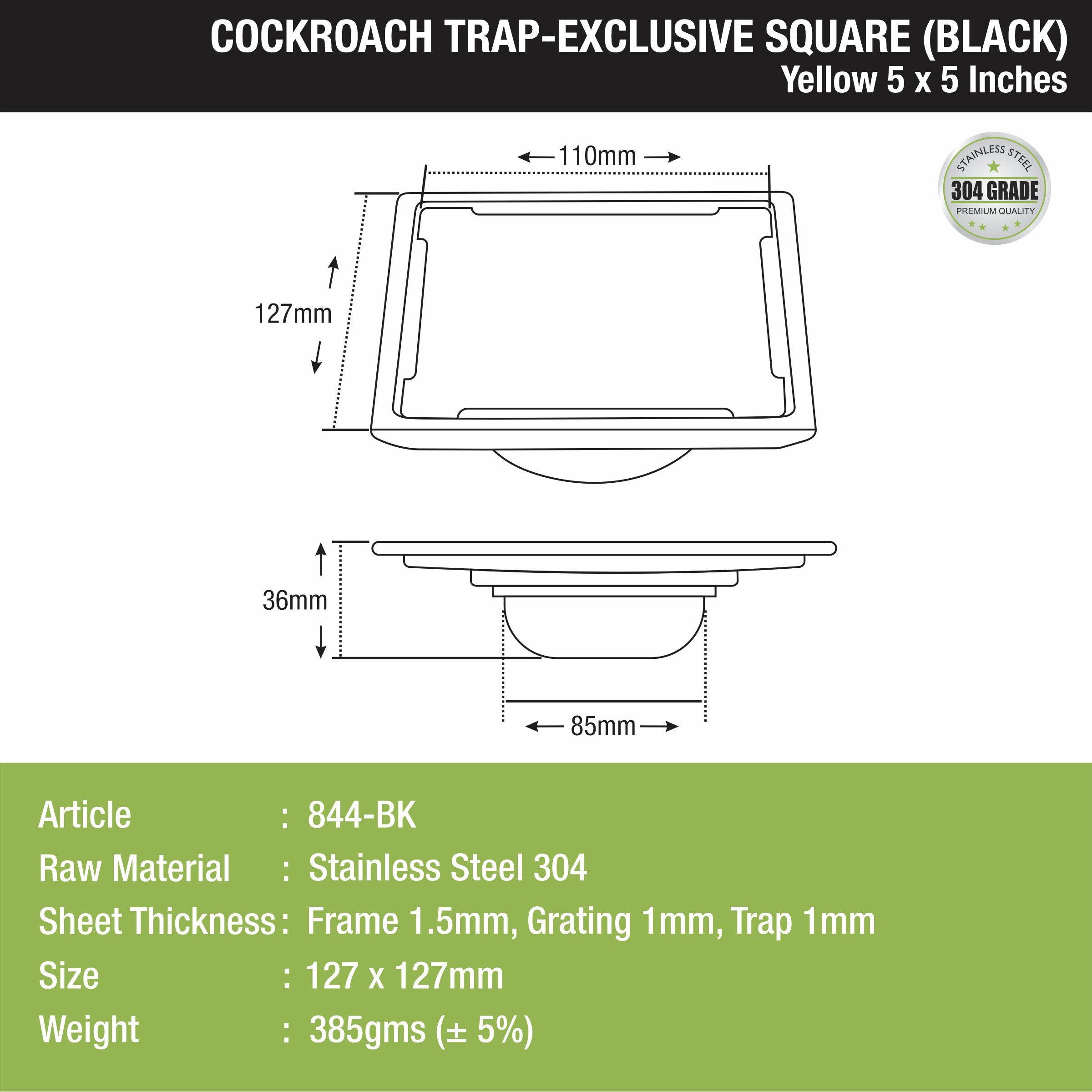 Yellow Exclusive Square Floor Drain in Black PVD Coating (5 x 5 Inches) with Cockroach Trap
