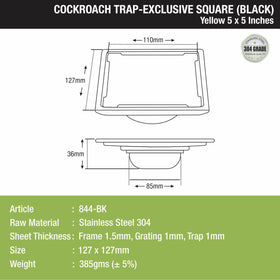 Yellow Exclusive Square Floor Drain in Black PVD Coating (5 x 5 Inches) with Cockroach Trap - LIPKA - Lipka Home