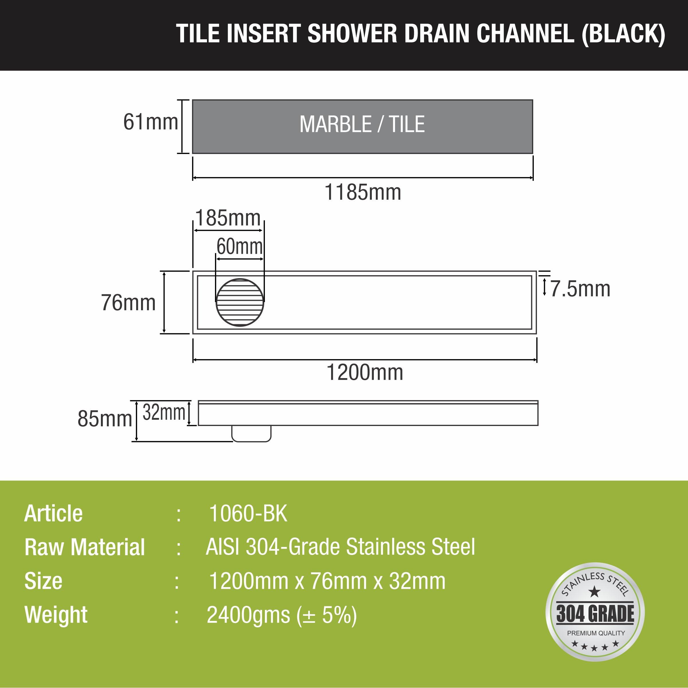 Tile Insert Shower Drain Channel - Black (48 x 3 Inches) size and measurement