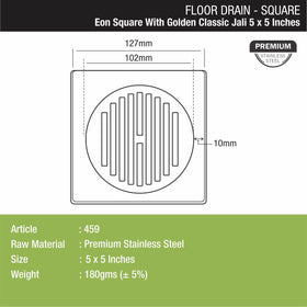 Eon Square Floor Drain with Golden Classic Jali (5 x 5 Inches) - LIPKA - Lipka Home