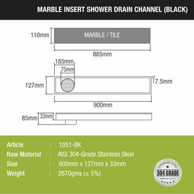 Marble Insert Shower Drain Channel - Black (36 x 5 Inches) - LIPKA - Lipka Home
