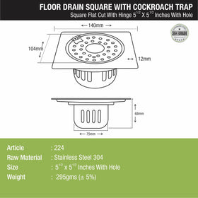 Square Flat Cut Floor Drain (5.5 x 5.5 Inches) with Hinge, Hole and Cockroach Trap - LIPKA - Lipka Home