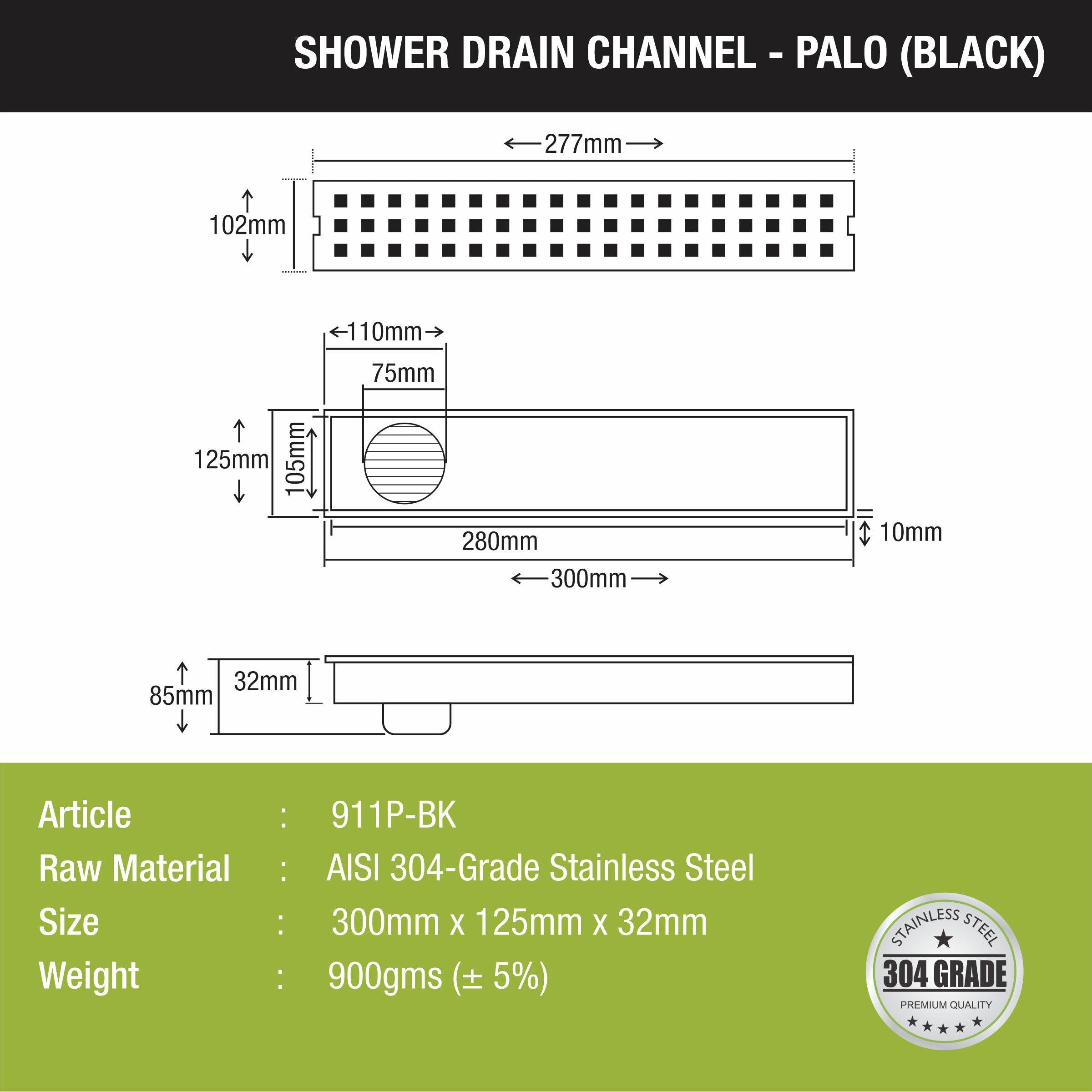 Palo Shower Drain Channel - Black (12 x 5 Inches) size and measurement