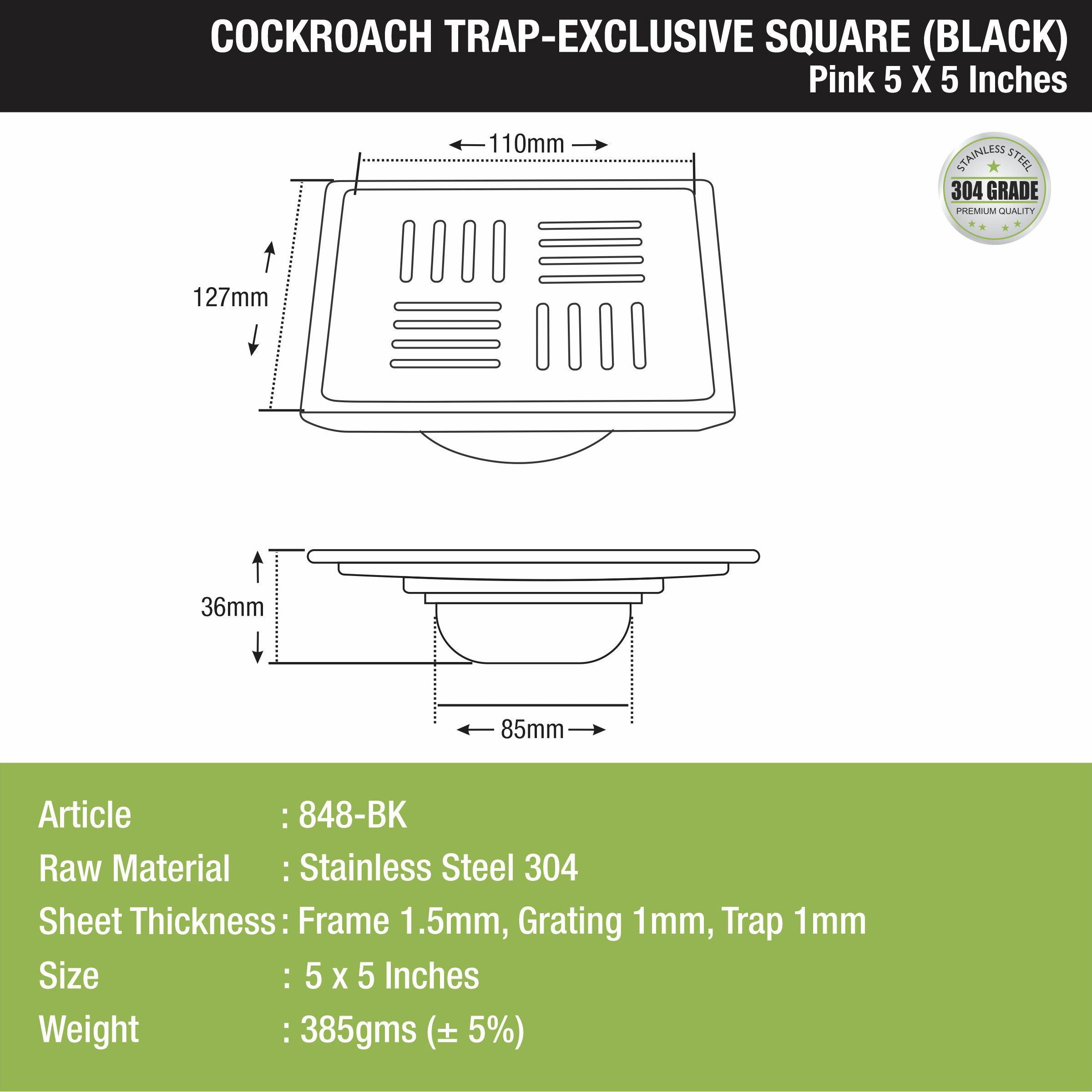 Pink Exclusive Square Floor Drain in Black PVD Coating (5 x 5 Inches) with Cockroach Trap  size and measurement