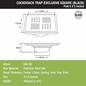 Pink Exclusive Square Floor Drain in Black PVD Coating (5 x 5 Inches) with Cockroach Trap - LIPKA - Lipka Home