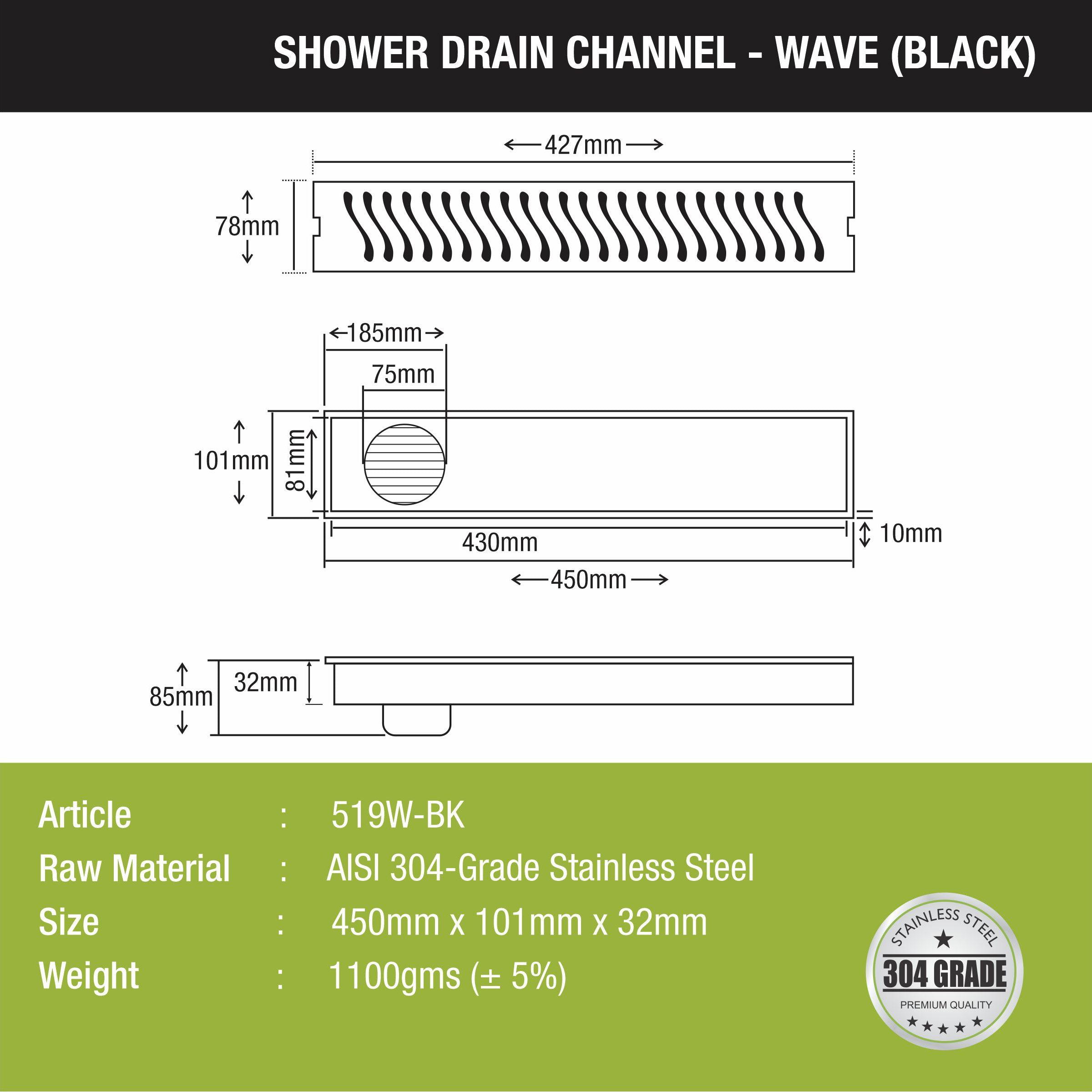 Wave Shower Drain Channel - Black (18 x 4 Inches size and measurement