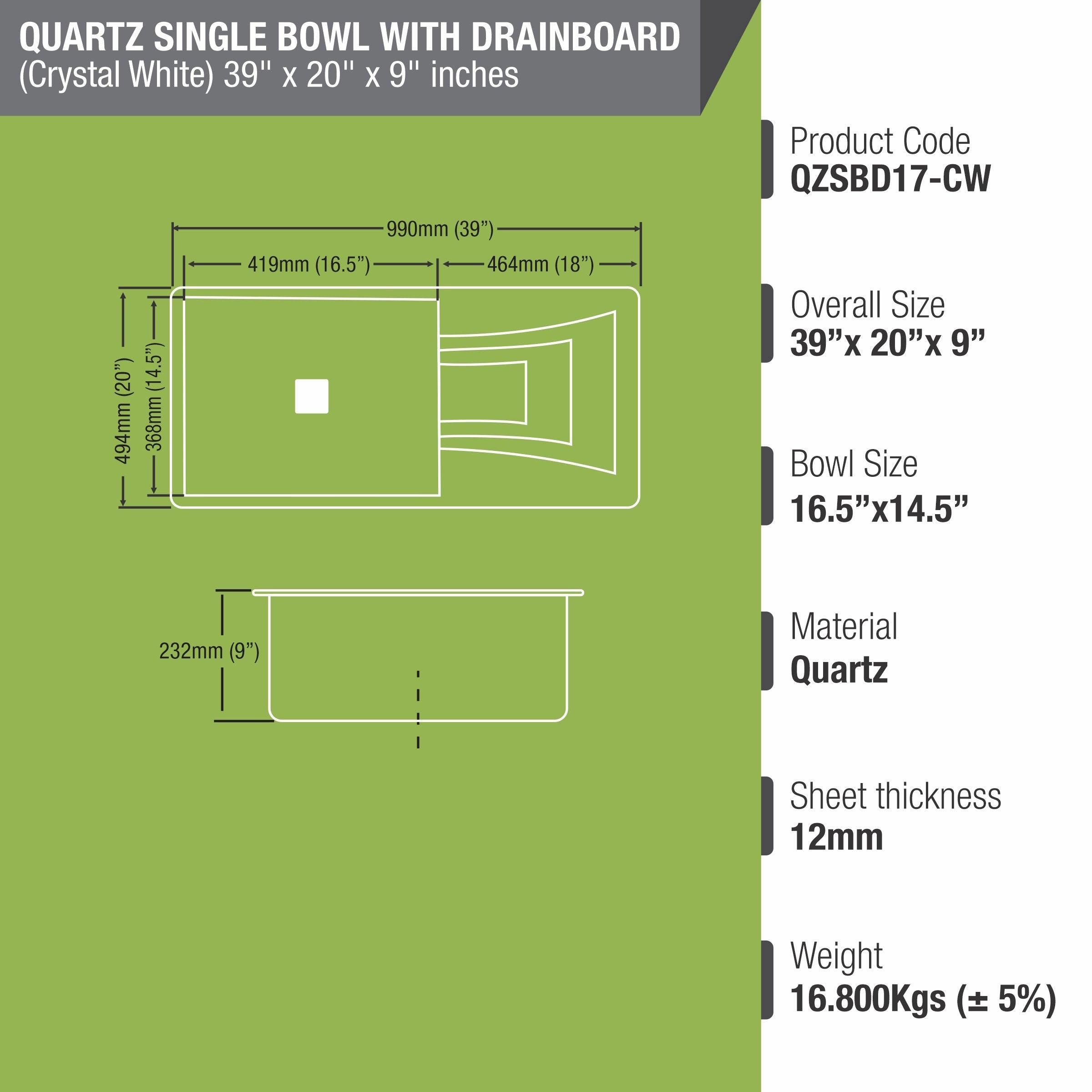 Crystal White Quartz Single Bowl with Drainboard Kitchen Sink (39 x 20 x 9 Inches) - LIPKA - Lipka Home