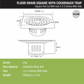 Square Flat Cut Floor Drain (5 x 5 Inches) with Lock, Hole and Cockroach Trap - LIPKA - Lipka Home