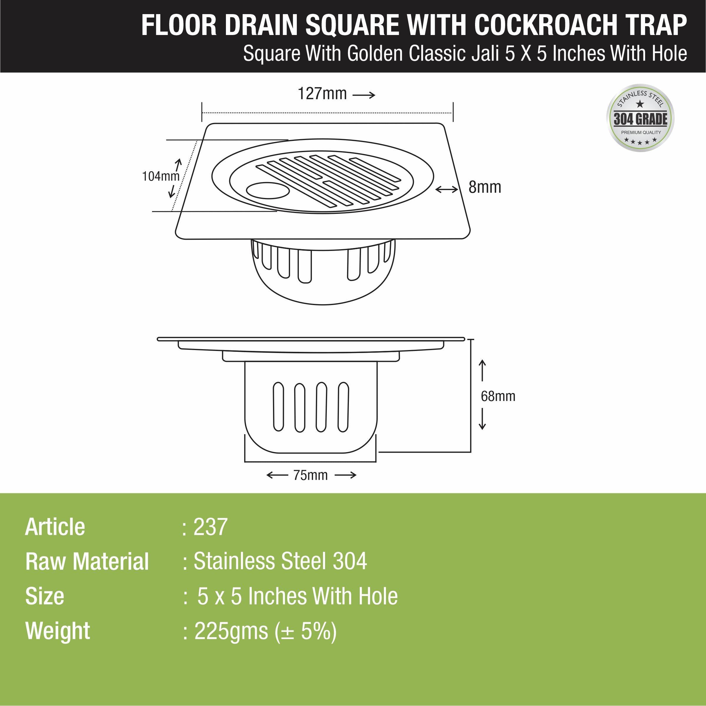 Golden Classic Jali Square Floor Drain (5 x 5 Inches) with Hole and Cockroach Trap - LIPKA - Lipka Home