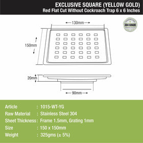 Red Exclusive Square Flat Cut Floor Drain in Yellow Gold PVD Coating (6 x 6 Inches) - LIPKA - Lipka Home