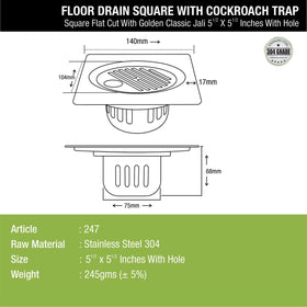 Golden Classic Jali Square Flat Cut Floor Drain (5.5 x 5.5 Inches) with Hole and Cockroach Trap - LIPKA - Lipka Home