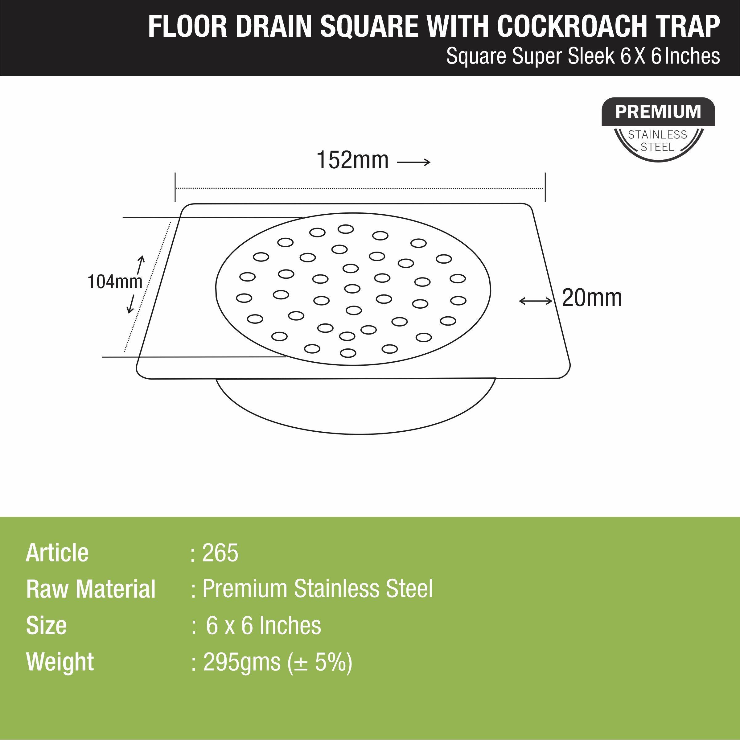 Super Sleek Square Floor Drain (6 x 6 Inches) with Cockroach Trap - LIPKA - Lipka Home