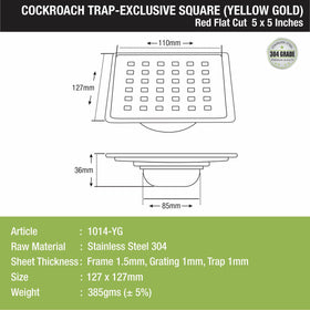 Red Exclusive Square Flat Cut Floor Drain in Yellow Gold PVD Coating (5 x 5 Inches) with Cockroach Trap - LIPKA - Lipka Home