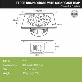 Square Floor Drain (6 x 6 Inches) with Cockroach Trap - LIPKA - Lipka Home