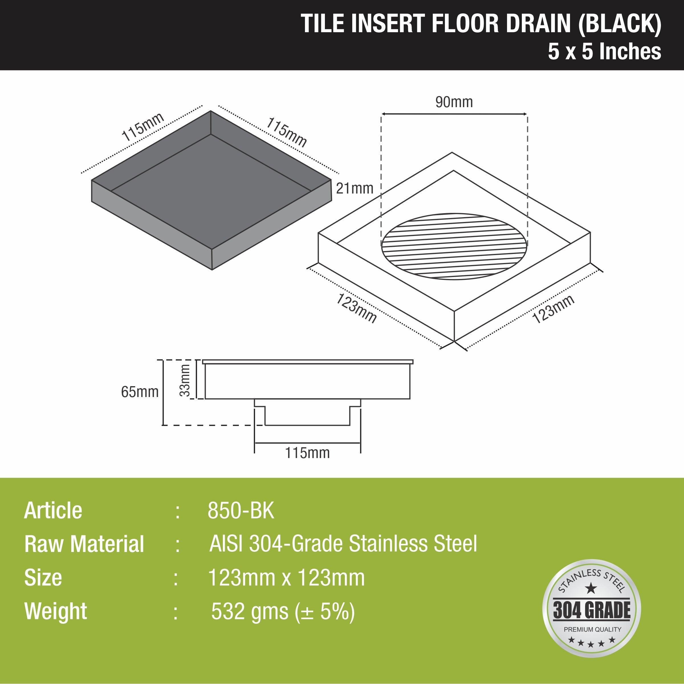 Tile Insert Square Floor Drain - Black (5 x 5 Inches)  size and measurement