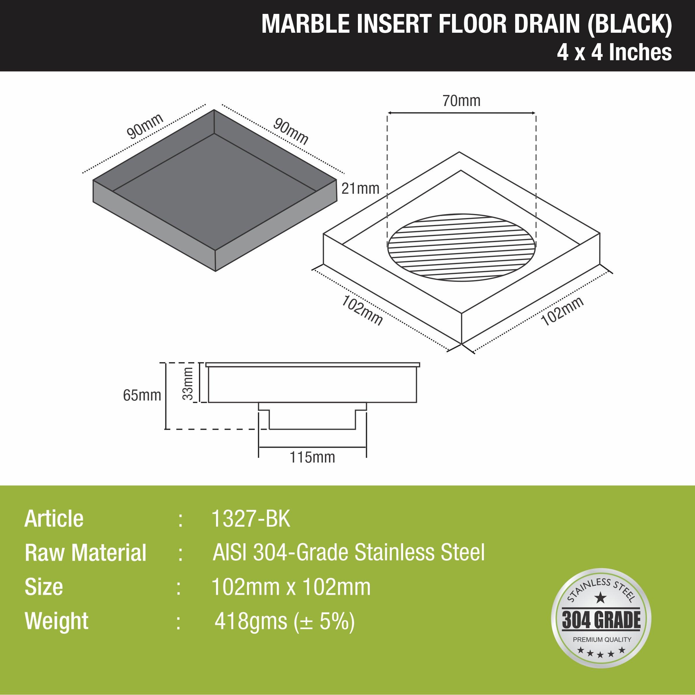 Marble Insert Square Floor Drain - Black (4 x 4 Inches)  size and measurement