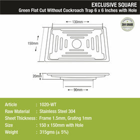 Green Exclusive Square Flat Cut Floor Drain (6 x 6 Inches) with Hole - LIPKA - Lipka Home