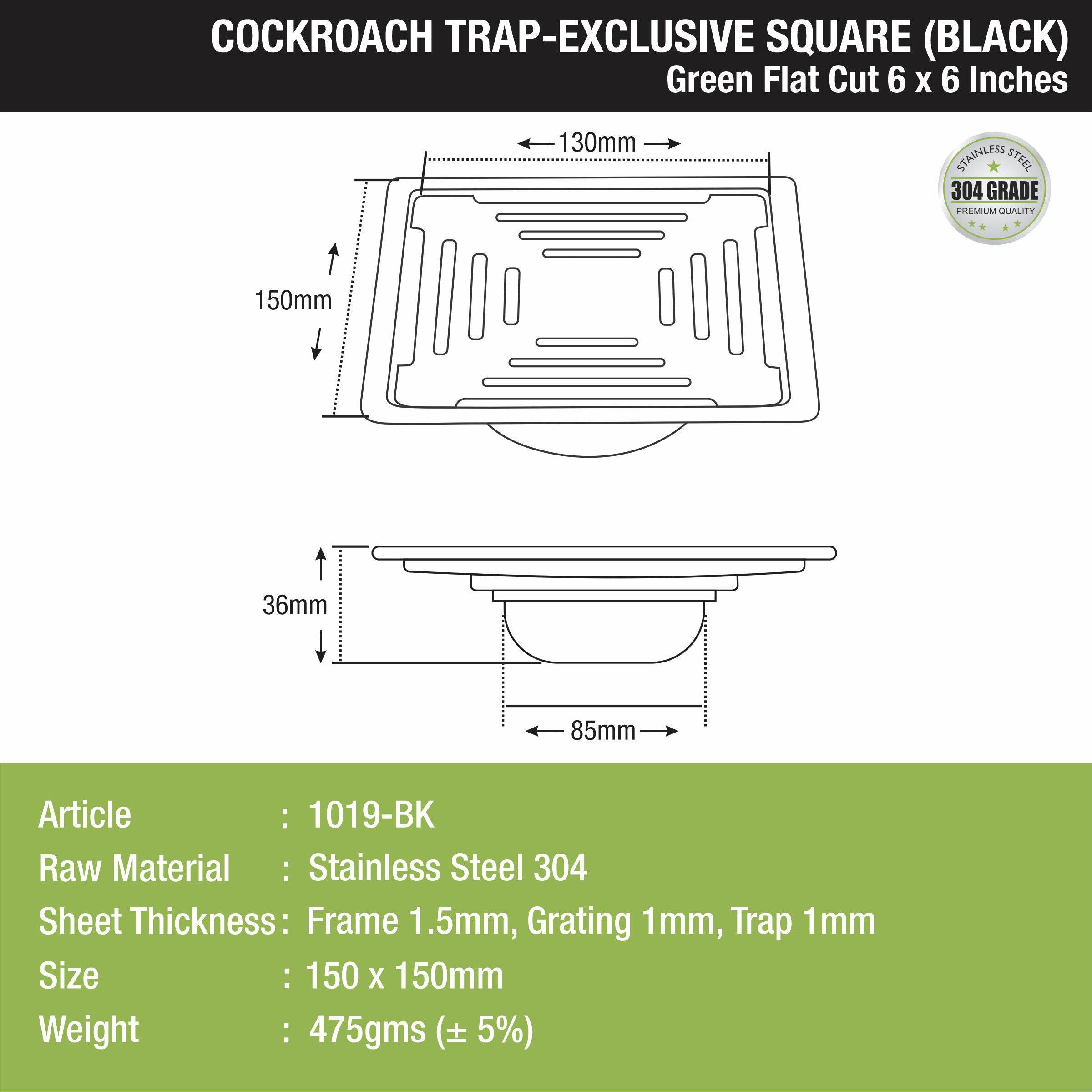 Green Exclusive Square Flat Cut Floor Drain in Black PVD Coating (6 x 6 Inches) with Cockroach Trap size and measurement 