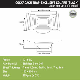 Green Exclusive Square Flat Cut Floor Drain in Black PVD Coating (6 x 6 Inches) with Cockroach Trap - LIPKA - Lipka Home
