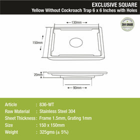 Yellow Exclusive Square Floor Drain (6 x 6 Inches) with Hole - LIPKA - Lipka Home