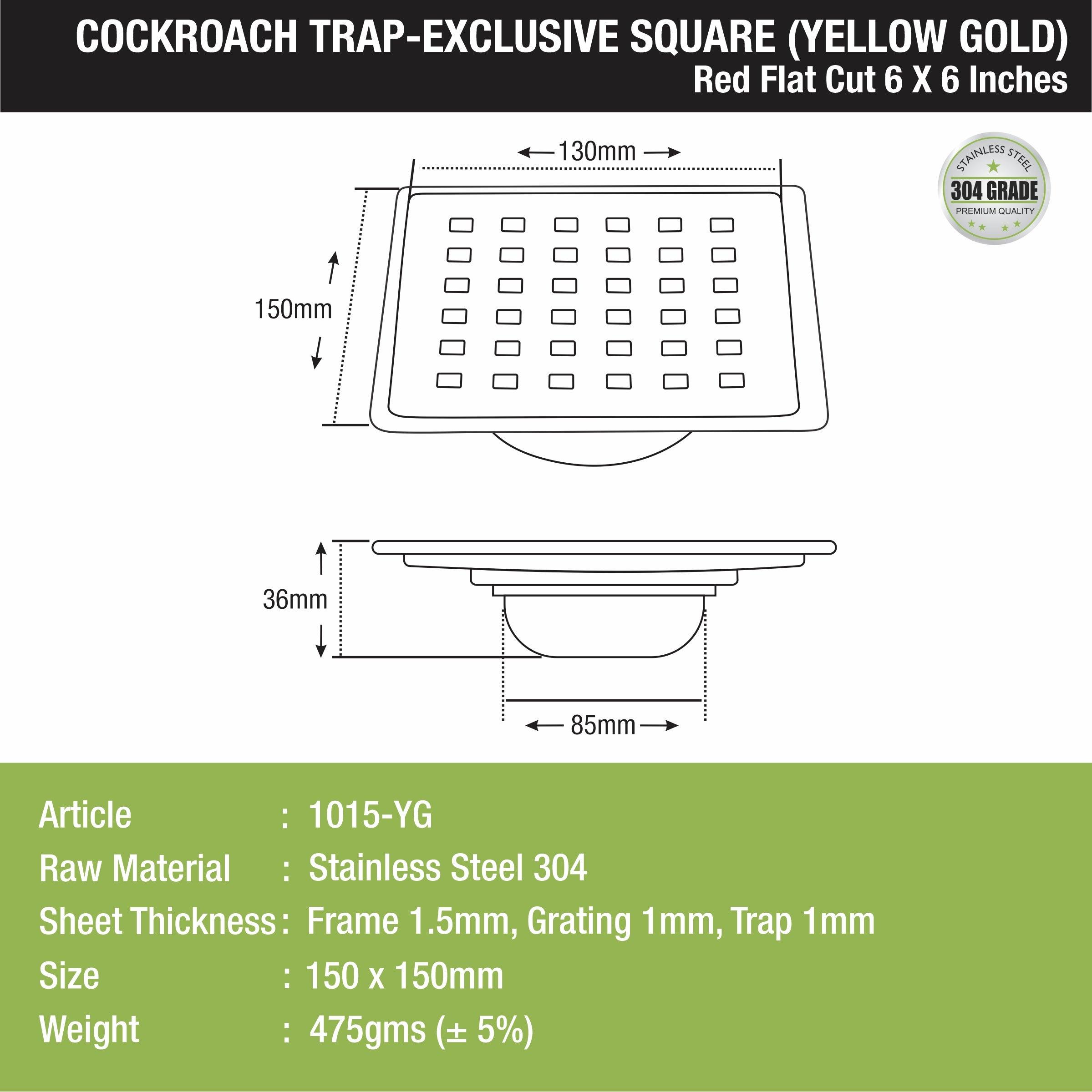 Red Exclusive Square Flat Cut Floor Drain in Yellow Gold PVD Coating (6 x 6 Inches) with Cockroach Trap - LIPKA - Lipka Home