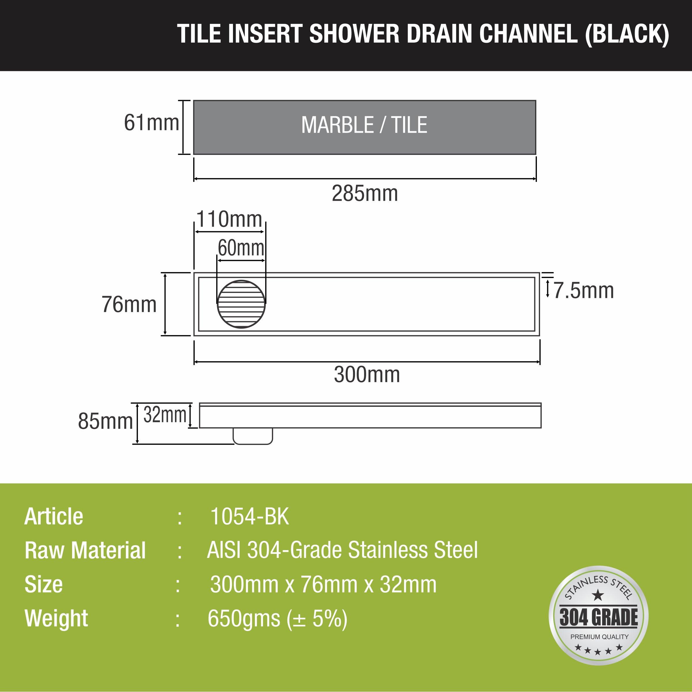 Tile Insert Shower Drain Channel - Black (12 x 3 Inches) size and measurement