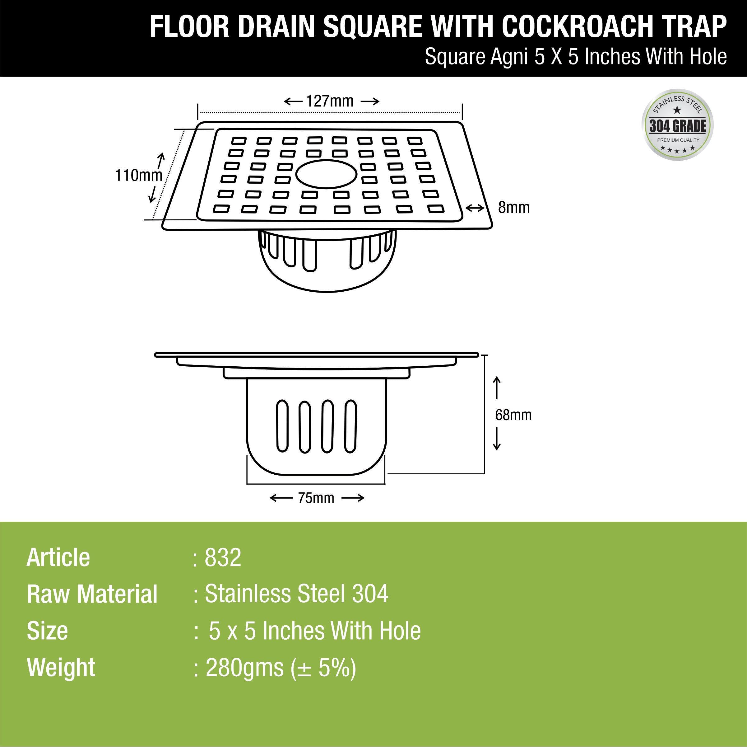 Agni Square Floor Drain (5 x 5 Inches) with Hole and Cockroach Trap- LIPKA - Lipka Home