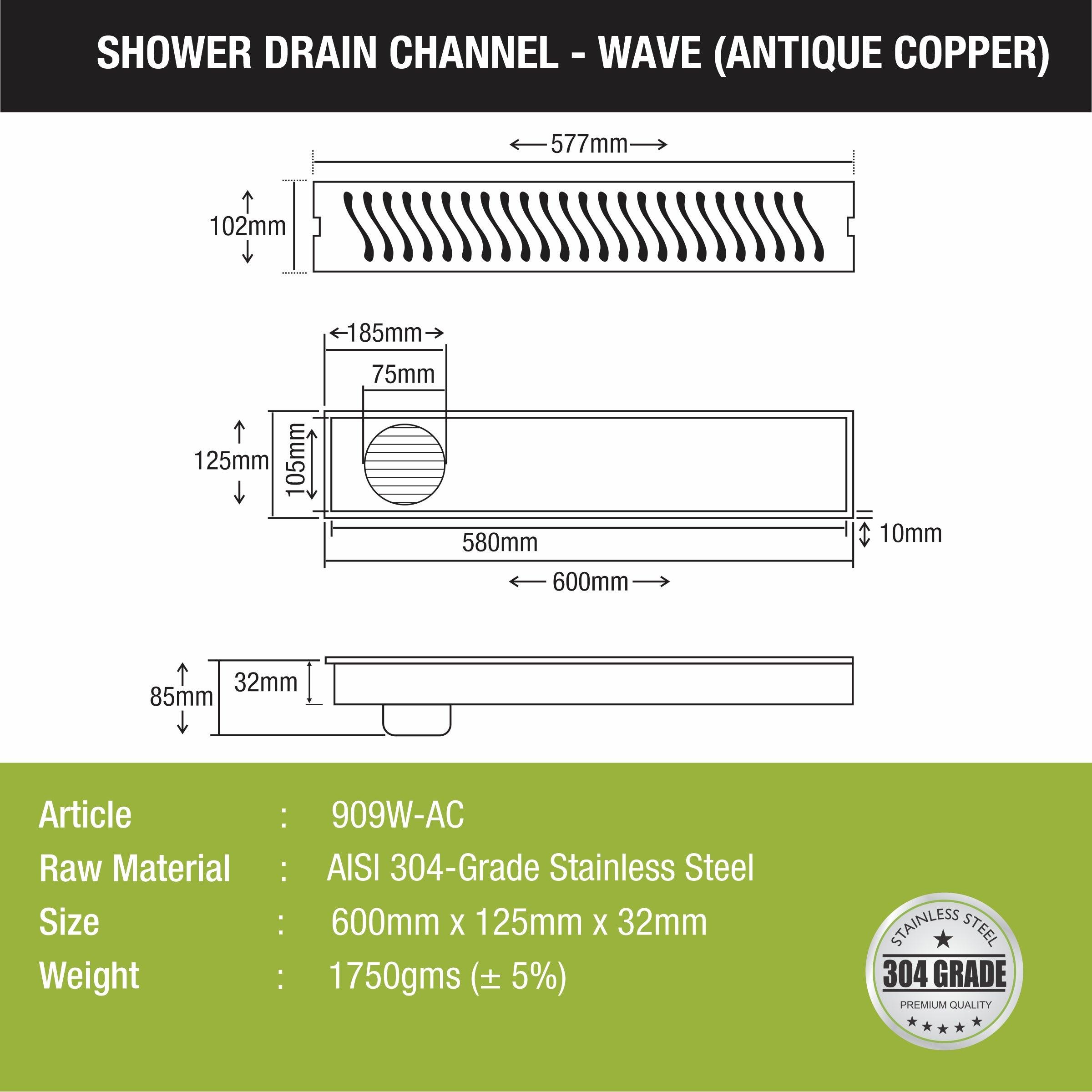 Wave Shower Drain Channel - Antique Copper (24 x 5 Inches) - LIPKA - Lipka Home