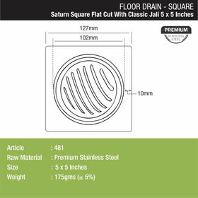 Saturn Square Flat Cut Floor Drain with Classic Jali (5 x 5 Inches) - LIPKA - Lipka Home