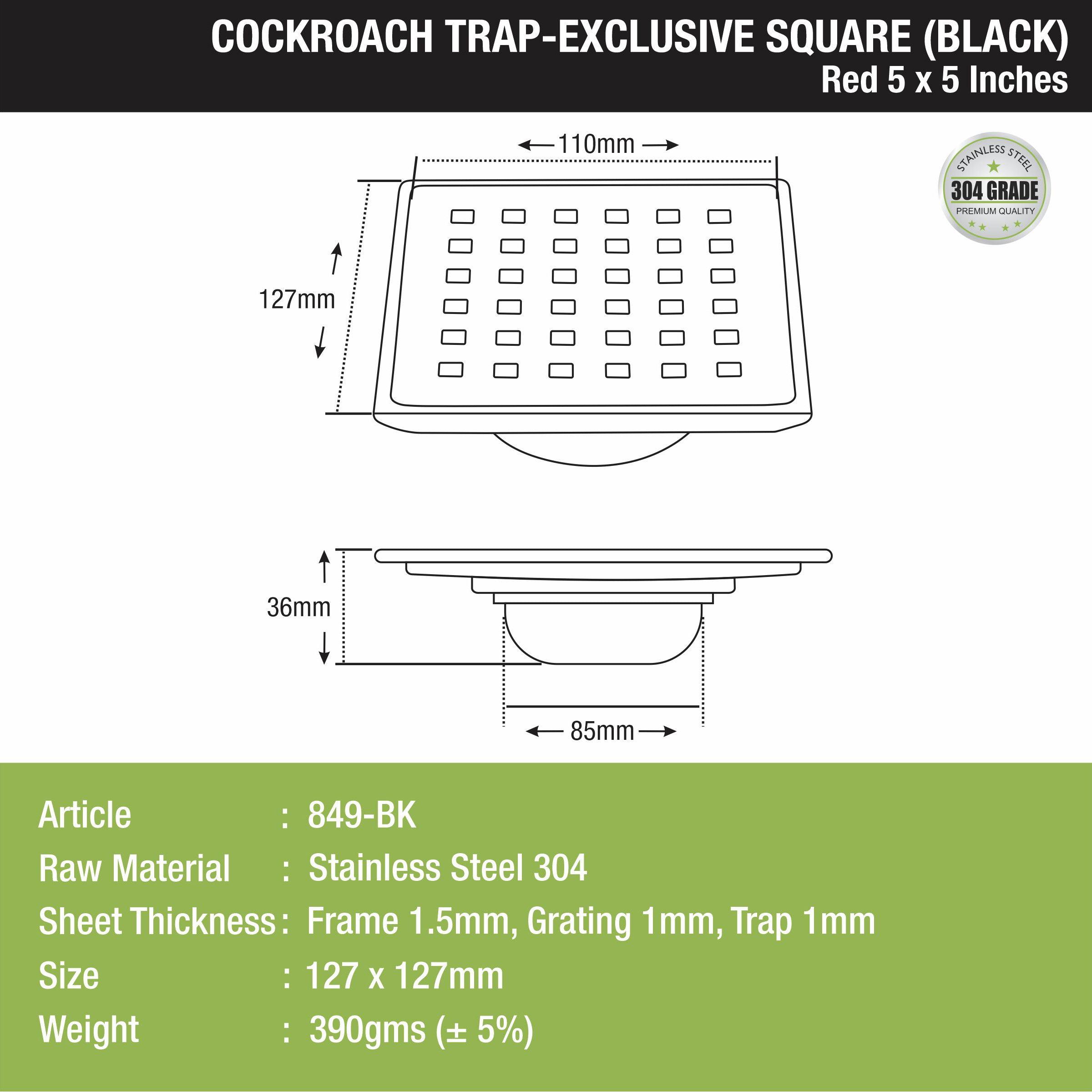 Red Exclusive Square Floor Drain in Black PVD Coating (5 x 5 Inches) with Cockroach Trap - LIPKA - Lipka Home