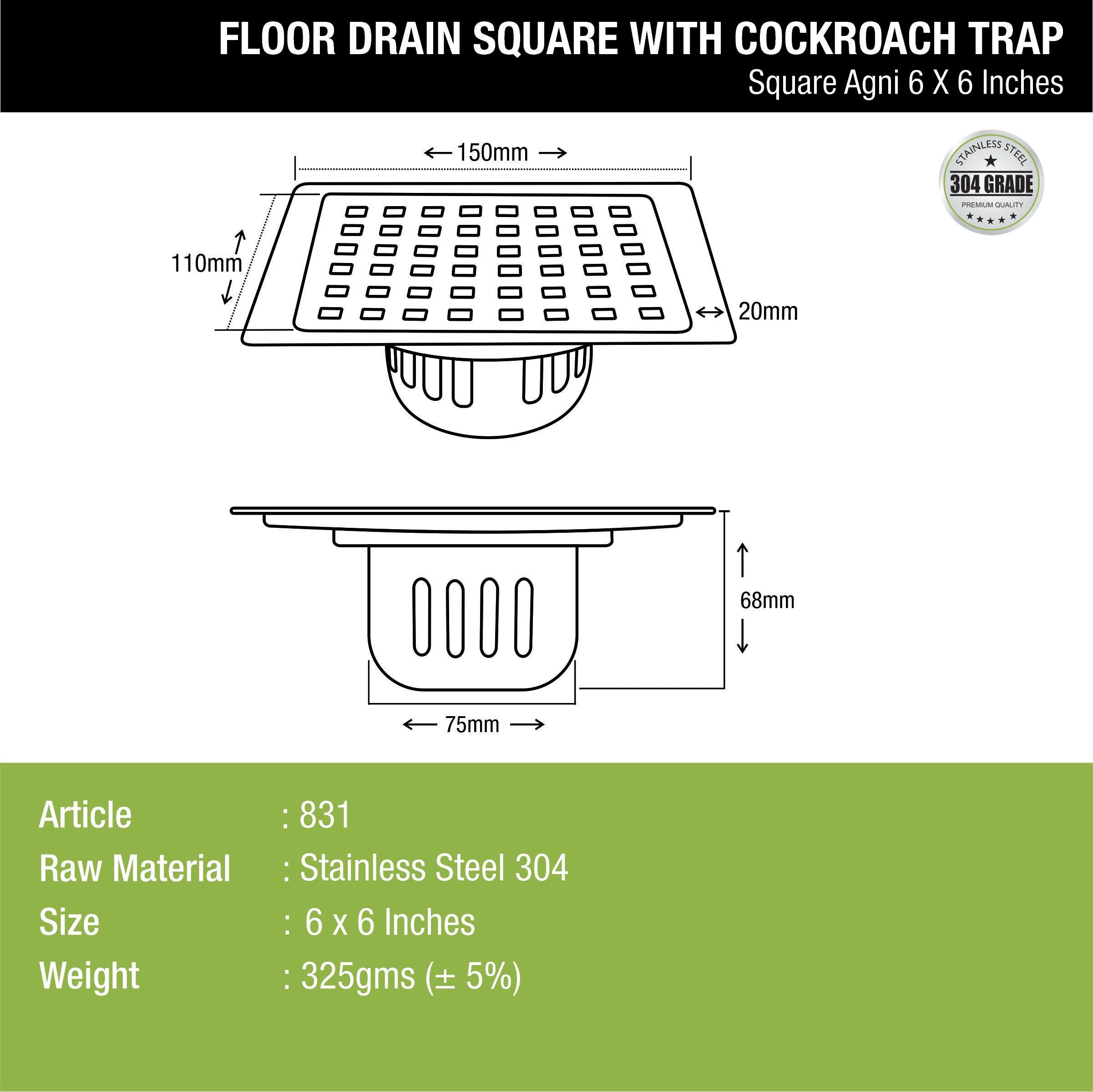 Agni Square Floor Drain (6 x 6 Inches) with Cockroach Trap- LIPKA - Lipka Home