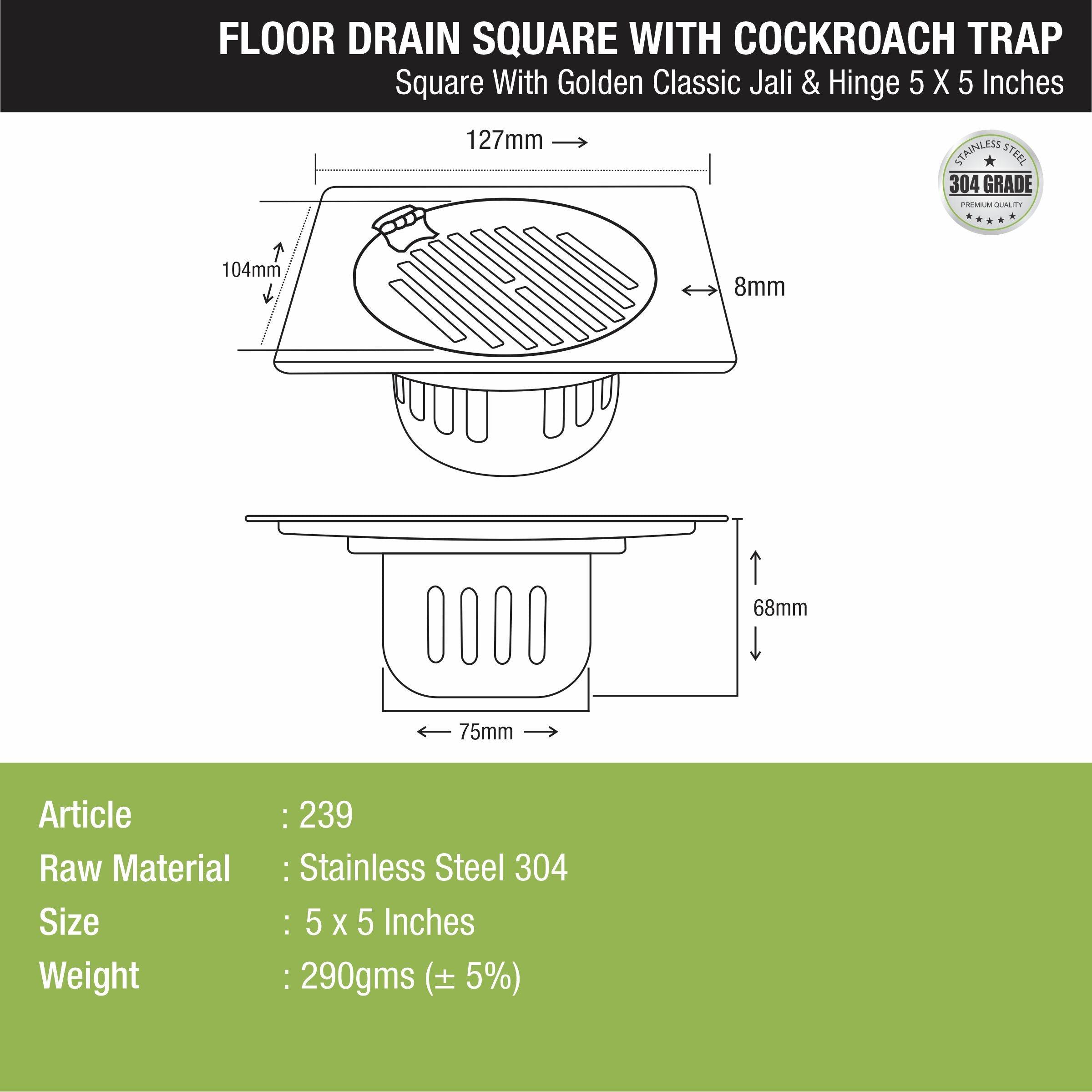 Golden Classic Jali Square Floor Drain (5 x 5 Inches) with Hinge and Cockroach Trap - LIPKA - Lipka Home