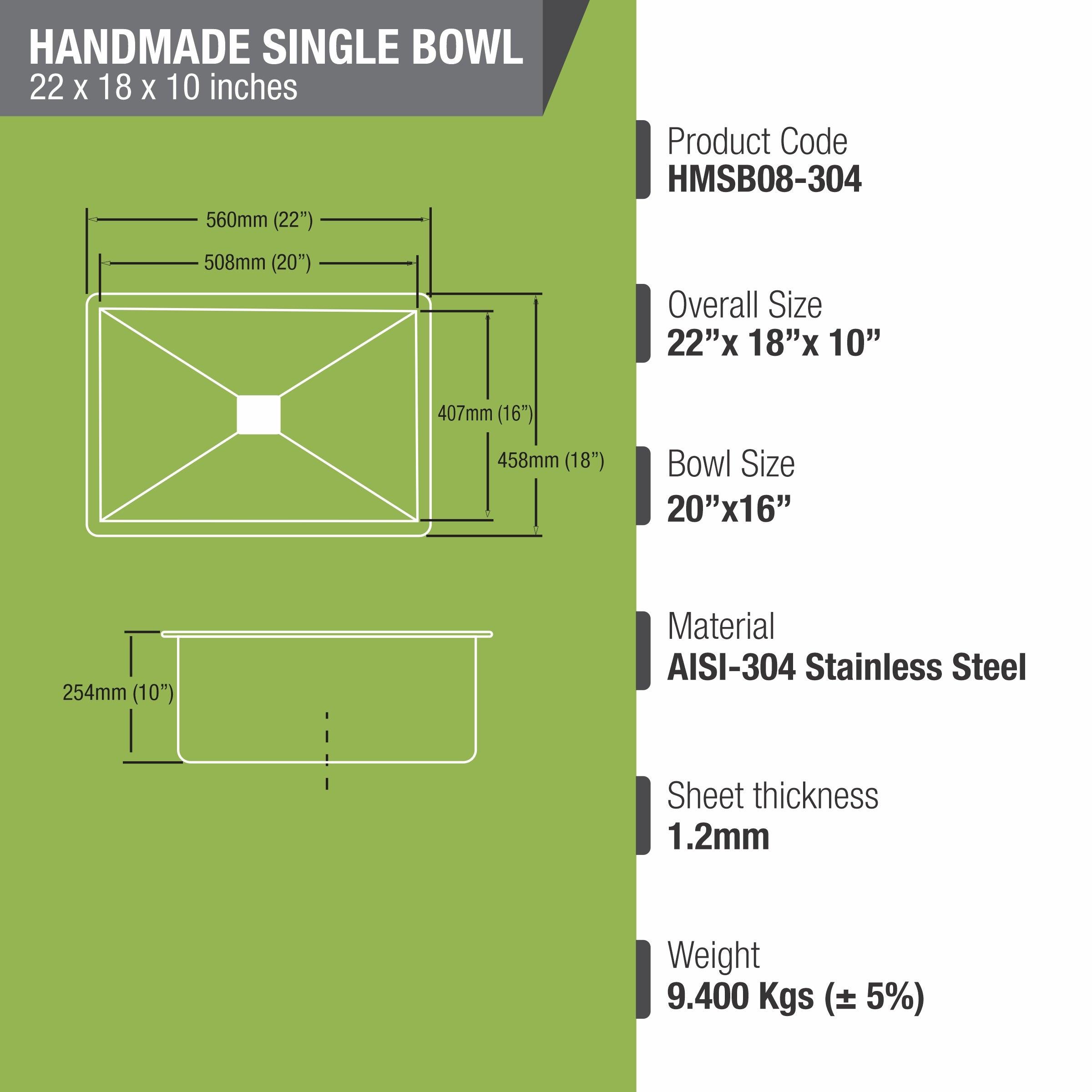 Handmade Single Bowl 304-Grade Kitchen Sink ( 22 x 18 x 10 Inches) - LIPKA - Lipka Home