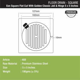 Eon Square Flat Cut Floor Drain with Golden Classic Jali and Hinge (5 x 5 Inches) - LIPKA - Lipka Home